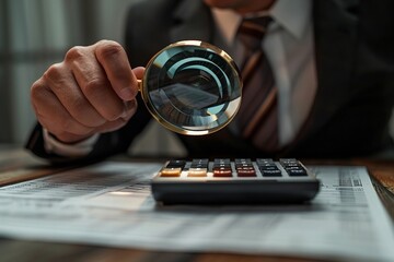 Wall Mural - Businessman Examining Invoice with Magnifying Glass and Calculator