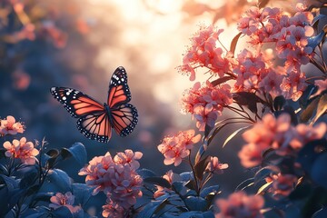 Wall Mural - Summer spring flowers with flying butterfly on blurred nature background