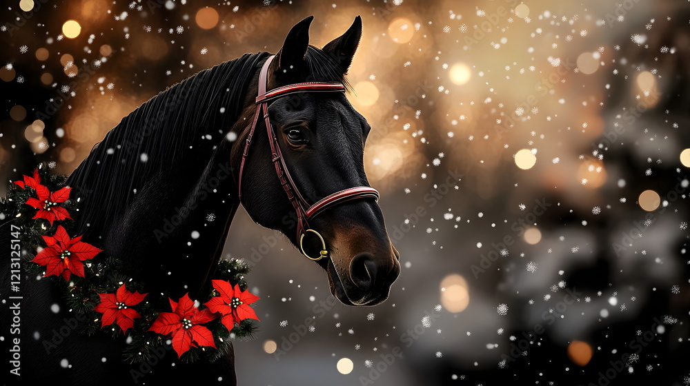 Portrait of a bay horse against a background of Christmas lights. The