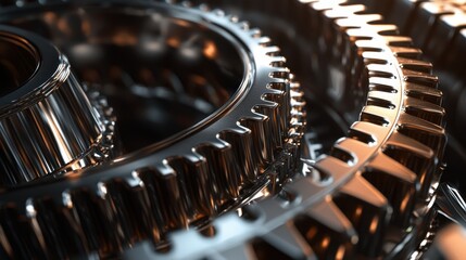 Poster - Metal gears interlock with precision, reflecting light in a captivating display of engineering. This close-up captures the complexity of machinery at work, emphasizing design and functionality