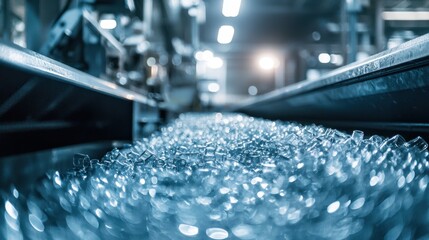 Poster - Shimmering pieces of glass are captured as they move along a conveyor belt in a bustling manufacturing plant, with bright lights highlighting their clarity and texture