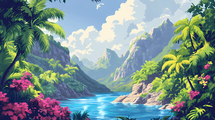 colorful fantasy tropical landscape with mountains, vibrant plants, and a serene blue lake under a c