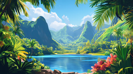 Wall Mural - Colorful fantasy tropical landscape with mountains, vibrant plants, and a serene blue lake under a clear sky. Tropical Canyon. Illustration