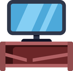 Poster - Modern tv set displaying blue screen standing on wooden shelf vector illustration in flat cartoon style
