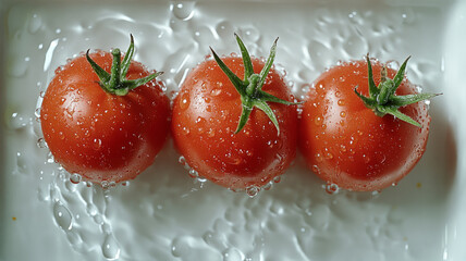 Poster - Three ripe tomatoes with water droplets on a white surface.