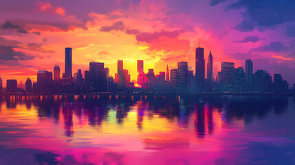 Wall Mural - Stunning city skyline at sunset with vibrant colors reflected in water. Vibrant Horizon. Illustration