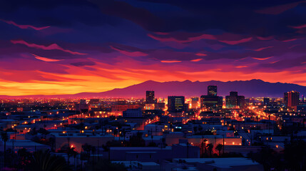 Wall Mural - Stunning el paso skyline at dusk with vibrant sunset colors and city lights illuminating the view. Vibrant Horizon. Illustration