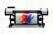 © miss irine - Modern large format printer machine prints colorful abstract design on large banner media. Colorful samples show vibrant inks, tech printing process. Industrial design machine for commercial use