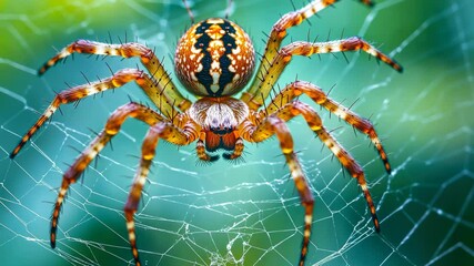 Vibrant spider weaving intricate web on lush green background in macro closeup