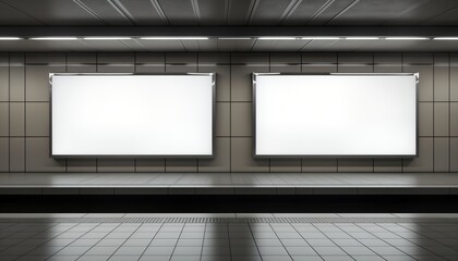 Aufkleber - Empty subway platform two large blank billboards on opposite walls. Modern architectural elements, clean design create inviting space for advertising. Minimal foot traffic makes ideal setting for
