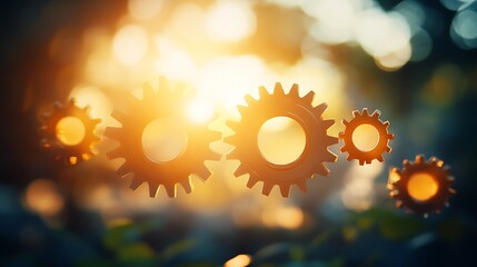 Wall Mural - bright golden gears glowing softly as the sunset light fades into the background blur