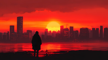 Wall Mural - City skyline silhouetted against a vibrant orange sunset with an urban twilight landscape. Vibrant Horizon. Illustration