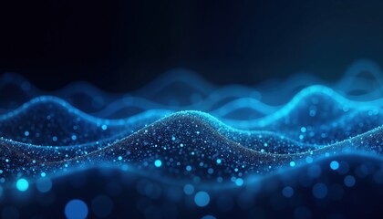Poster - Abstract digital illustration shows pattern of blue glowing lines, dots on dark background. Lines, dots form wavy pattern resembling water energy waves. Digital abstract image ideal for tech science