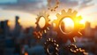 © Thirakun - A serene sunset glow illuminating golden gears in focus with a blurred sky