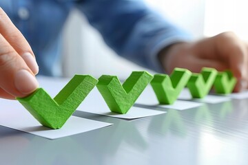Aufkleber - Arranging green check marks in a row: A close-up of a hand