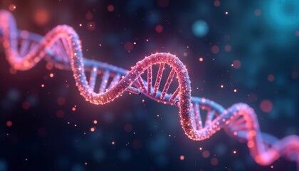 Aufkleber - Luminous DNA helix glows in dark cosmic background. Abstract representation of genetic structure. Vibrant colors illuminate microscopic molecular structure. Image evokes mystery, wonder about life,