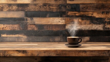 Wall Mural - A steaming cup of coffee on a rustic wooden table against a textured wood wall, creating a cozy atmosphere