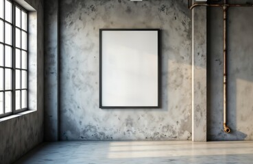 Aufkleber - Empty square photo frame hangs on textured concrete wall. Industrial loft style interior design. Blank frame provides customizable display area. Room features large window, exposed metal pipes.