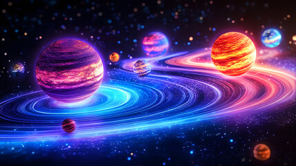 Poster - Neon black light sgraffito solar system 3d illustration