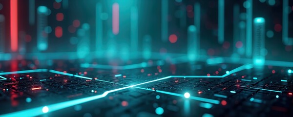 Poster - Abstract futuristic tech background with glowing lines. Colorful light pattern. Complex digital network structure. Glowing fiber optic cables, shapes. Cyberpunk style. Retro design. Modern