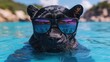 © O - Cool black panther relaxing in water wearing stylish sunglasses