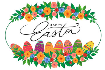 Wall Mural - bright oval-shaped easter frame with easter eggs flowers and leaves, bright and saturated pink yello