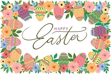 Wall Mural - easter frame along the contour with the inscription happy easter, delicate pink blue green pink purp