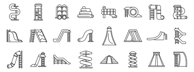 Wall Mural - Water slide icons set. Line icons representing different playground equipment like slides, ramps, and climbing structures, perfect for illustrating children's outdoor activities