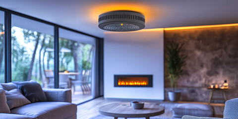 Poster - smart home smoke detector with wi-fi integration in modern living room setting, enhancing home safet