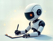 © miss irine - Cute robot writing on notebook. Futuristic tech concept. Creative robot author writes on paper. Modern robot using pen. Artificial intelligence creating content. Robotic copywriter working with tech.