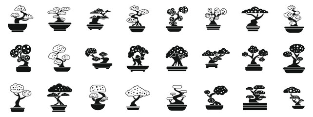 Poster - bonsai tree icons set. bonsai tree growing in a pot icon set. simple set of bonsai tree growing icon