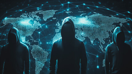 Hacker are planning to hack and attack networks and cyber security systems.team people innovation connection of line from nail node to node on map background , networking concept