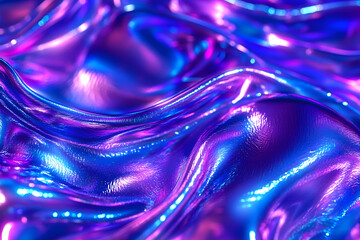 Poster - 3d render Metallic liquid background. Abstract neon texture. Rainbow 3d holographic foil. Wavy glossy surface in blue and purple colors Background