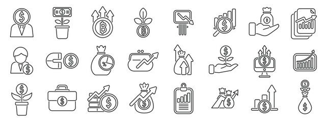 Poster - investment portfolio icons set. line icons representing financial growth, investment returns, and bu