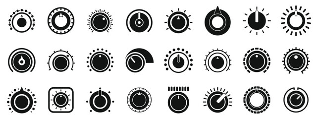 Poster - volume control knobs icons set. collection of simple black round turning switches, sound or multimed