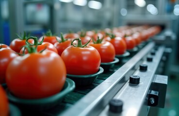 Aufkleber - Automated food processing line. Tomatoes move on conveyor belt. Modern food factory. Fresh produce packaging in progress. Efficient food production process. Modern tech solutions in food industry.