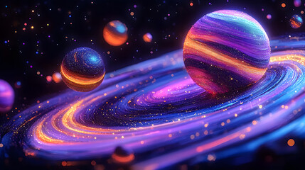 Poster - Neon black light sgraffito solar system 3d illustration