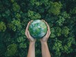 Hands holding globe on green nature forest background