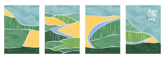 Wall Mural - aerial view of field with agriculture pattern, rice, wheat, tea farm. watercolor background of green