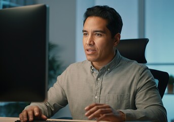 Poster - Focused hispanic office worker using computer at night in modern office