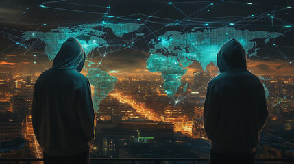 Hacker are planning to hack and attack networks and cyber security systems.team people innovation connection of line from nail node to node on map background , networking concept