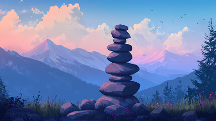 Wall Mural - Balanced stone tower in serene landscape symbolizing harmony and tranquility with mountains in the background. Zenith Tower. Illustration