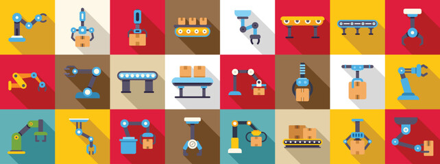 Poster - Robot conveyor belt icons set. Robotic arms lifting, moving, and sorting packages on a conveyor belt in a modern factory setting