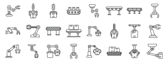 Poster - Robot conveyor belt icons set. Set of simple outlined icons representing robotic arms manipulating cardboard boxes on conveyor belts in industrial manufacturing processes