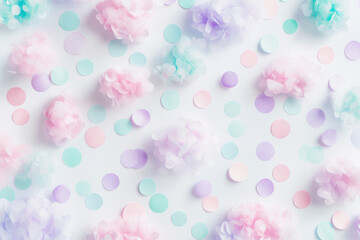 Poster - Festive pastel confetti pattern with gentle clouds in shades of pink, mint, and lavender on a bright white background