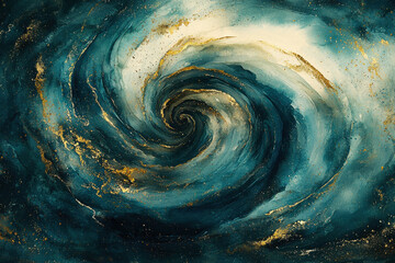 Poster - Swirling watercolor texture in deep teal and gold tones showcases bold artistic elegance in intricate fluid forms
