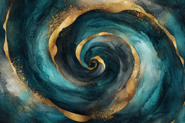 Poster - Swirling watercolor texture in deep teal and gold tones enhances artistic elegance with fluid forms and metallic accents