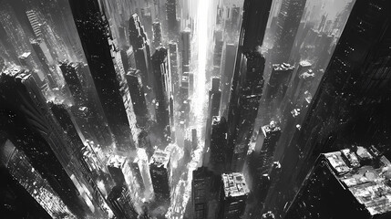 a striking black and white view, showcasing towering skyscrapers converging towards a bright zenith 