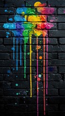 Wall Mural - A black brick wall with neon water droplets, a colorful, dynamic wallpaper