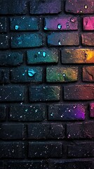 Wall Mural - A black brick wall with neon water droplets, a colorful, dynamic wallpaper